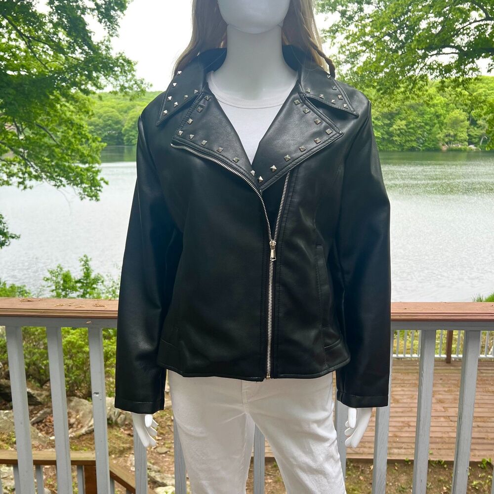 White Mark Studded Leather Moto Jacket XL Retro Indie Grunge Rockstar GF Goth